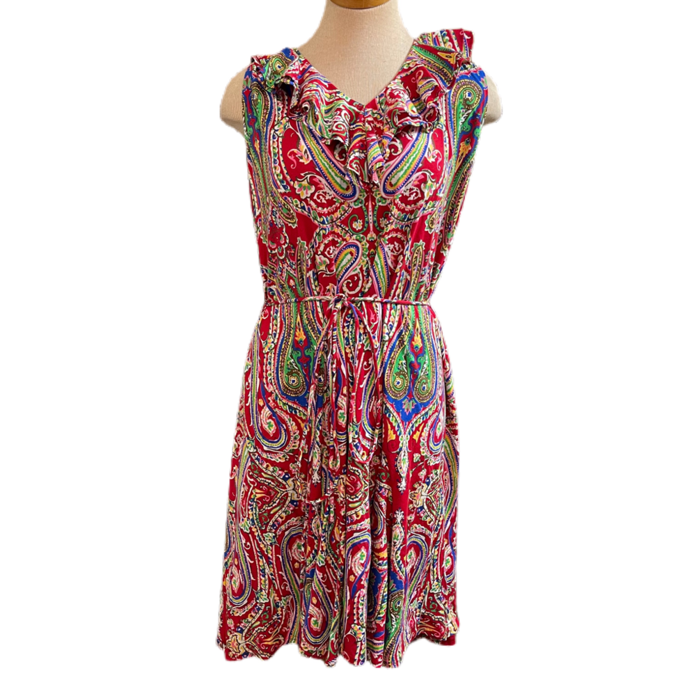 Sleeveless Red Paisley Ruffle Neck Dress
